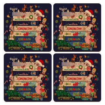 Xmas Classic movies, ΣΕΤ x4 Σουβέρ ξύλινα τετράγωνα plywood (9cm)