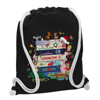 Xmas Classic movies, Τσάντα πλάτης πουγκί GYMBAG Μαύρη, με τσέπη (40x48cm) & χονδρά λευκά κορδόνια