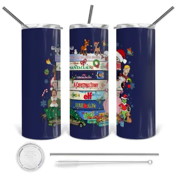 Xmas Classic movies, Tumbler ποτήρι θερμό από ανοξείδωτο ατσάλι 600ml, με μεταλλικό καλαμάκι & βούρτσα καθαρισμού