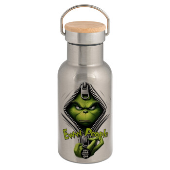 Grinch, eww people, Μεταλλικό παγούρι θερμός (Stainless steel) Ασημένιο με ξύλινο καπακι (bamboo), διπλού τοιχώματος, 350ml