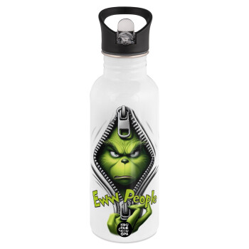 Grinch, eww people, White water bottle with straw, stainless steel 600ml