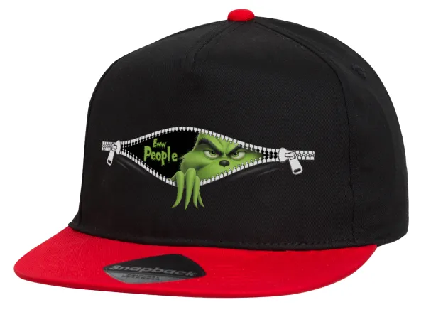 Grinch — Flat Snapback Hat, Black/Red (100% COTTON, UNISEX, ONE SIZE)
