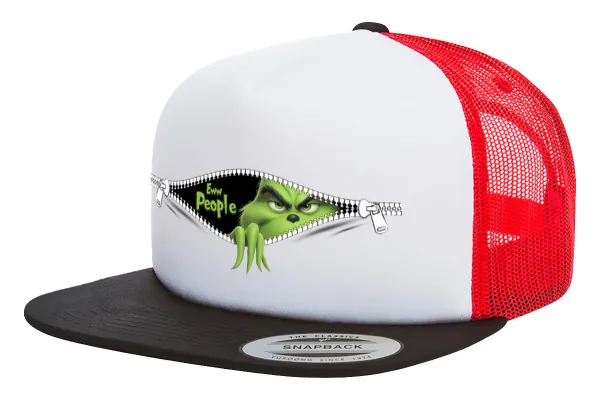 Grinch — Adult Foam Flat Snapback with Mesh Black-White-Red (POLYESTER, ADULT, UNISEX, ONE SIZE)