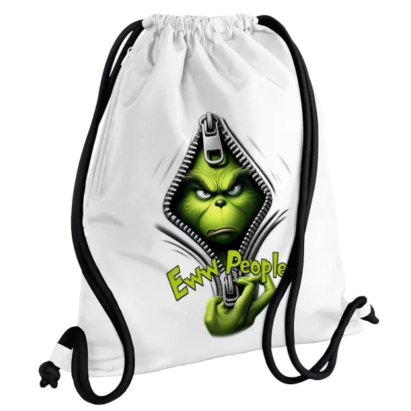 Grinch — Τσάντα πλάτης πουγκί GYMBAG λευκή, με τσέπη (40x48cm) & χονδρά κορδόνια