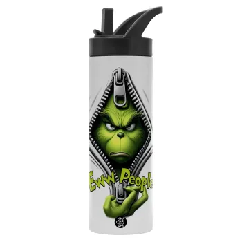 Grinch, eww people, Metallic thermos bottle with straw & handle, stainless steel (Stainless steel 304), double-walled, 600ml.