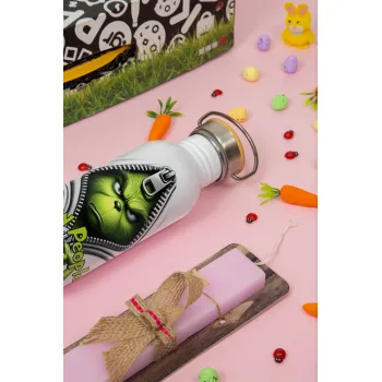 Grinch, eww people, Πασχαλινή Λαμπάδα με παγούρι μεταλλικό (620ml, stainless steel) & κερί αρωματικό πλακέ (30cm) (ΡΟΖ)