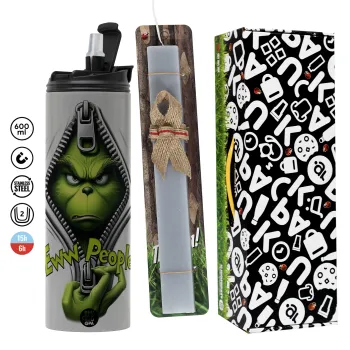 Grinch, eww people, Πασχαλινή Λαμπάδα με Travel Tumbler θερμό (600ml, BPA free) & κερί αρωματικό πλακέ (30cm) (ΓΚΡΙ)