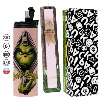 Grinch, eww people, Πασχαλινή Λαμπάδα με  ΡΟΖ Travel Tumbler θερμό (600ml, BPA free) & κερί αρωματικό πλακέ (30cm) (ΡΟΖ)