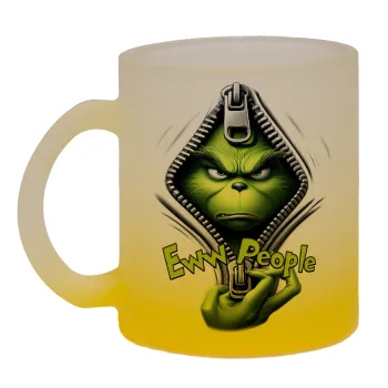 Grinch, eww people, Κούπα γυάλινη δίχρωμη με βάση το κίτρινο ματ, 330ml