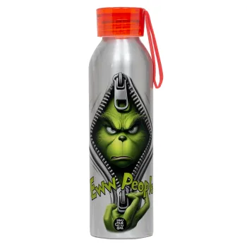 Grinch, eww people, Αλουμινένιο Αθλητικό Μπουκάλι 650ml – Ασημί με Κόκκινο Καπάκι και Λουράκι Σιλικόνης