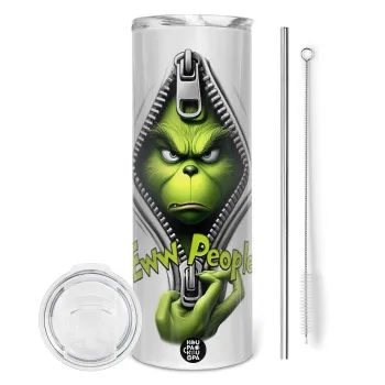 Grinch, eww people, Tumbler ποτήρι θερμό από ανοξείδωτο ατσάλι 600ml, με μεταλλικό καλαμάκι & βούρτσα καθαρισμού