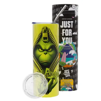 Grinch, eww people, Neon Yellow Travel Tumbler θερμό, μεταλλικό καλαμάκι(Ανωξείδωτο 304 Food grade, BPA free, 600ml)