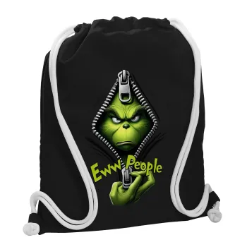 Grinch, eww people, Τσάντα πλάτης πουγκί GYMBAG Μαύρη, με τσέπη (40x48cm) & χονδρά λευκά κορδόνια