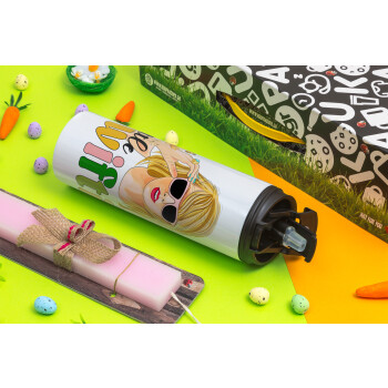Little Swiftie, Easter candle,Travel Tumbler 2 Lids, with metal straw & cleaning brush & aromatic flat candle (30cm) (PINK)