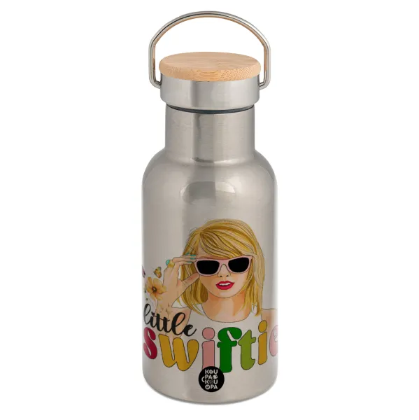 Little Swiftie — Stainless steel metallic thermos flask, silver with a bamboo lid, double-walled, 350ml.