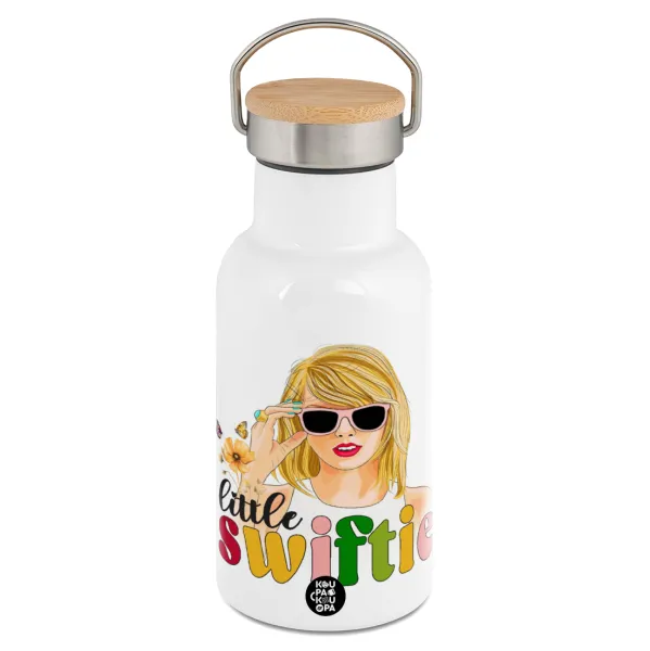Little Swiftie — Metallic thermos (Stainless steel) White with wooden lid (bamboo), double-walled, 350ml