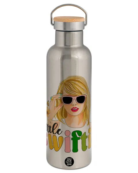 Little Swiftie — Μεταλλικό παγούρι θερμός (Stainless steel) Ασημένιο με ξύλινο καπακι (bamboo), διπλού τοιχώματος, 750ml