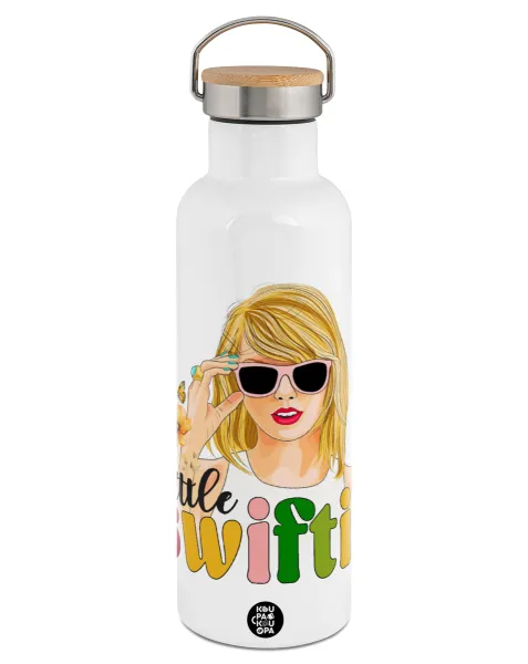 Little Swiftie — Stainless steel White with wooden lid (bamboo), double wall, 750ml