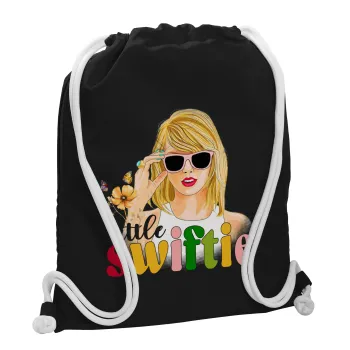Little Swiftie, Τσάντα πλάτης πουγκί GYMBAG Μαύρη, με τσέπη (40x48cm) & χονδρά λευκά κορδόνια