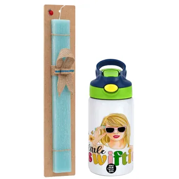 Little Swiftie, Easter Set, Children's thermal stainless steel bottle with safety straw, green/blue (350ml) & aromatic flat Easter candle (30cm) (TURQUOISE)
