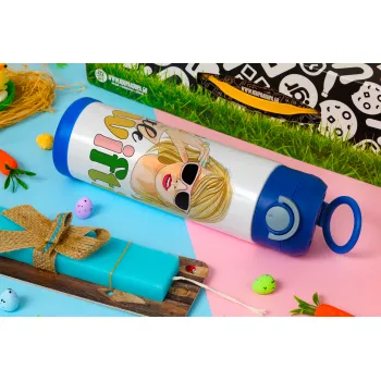 Little Swiftie, Easter candle, Childrens hot water bottle, stainless steel, with safety straw, BLUE (500ml)