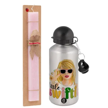 Little Swiftie, Easter Set, metallic Silver aluminum water bottle (500ml) & scented flat Easter candle (30cm) (PINK)