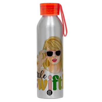 Little Swiftie, Αλουμινένιο Αθλητικό Μπουκάλι 650ml – Ασημί με Κόκκινο Καπάκι και Λουράκι Σιλικόνης