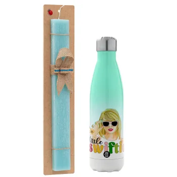 Little Swiftie, Πασχαλινή Λαμπάδα με Μεταλλικό παγούρι θερμός Πράσινο/Λευκό (Stainless steel), διπλού τοιχώματος, 500ml & κερί αρωματικό πλακέ (30cm) (ΤΙΡΚΟΥΑΖ)