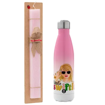 Little Swiftie, Easter Set, Metallic pink/white (Stainless steel) thermos, double-walled, 500ml & aromatic flat Easter candle (30cm) (PINK)