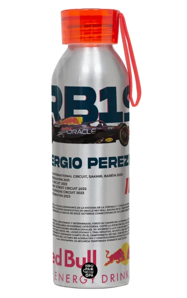 Redbull Sergio Perezi — Αλουμινένιο Αθλητικό Μπουκάλι 650ml – Ασημί με Κόκκινο Καπάκι και Λουράκι Σιλικόνης