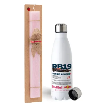 Redbull Sergio Perezi, Easter Set, metallic stainless steel water bottle (750ml) & scented flat Easter candle (30cm) (PINK)