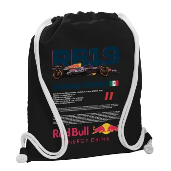 Redbull Sergio Perezi, Τσάντα πλάτης πουγκί GYMBAG Μαύρη, με τσέπη (40x48cm) & χονδρά λευκά κορδόνια