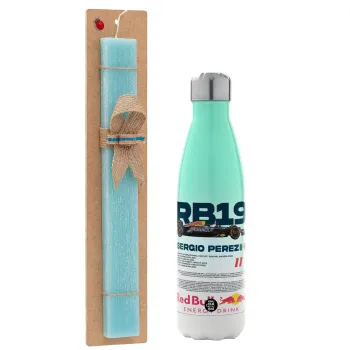 Redbull Sergio Perezi, Easter Set, Metallic green/white thermos (Stainless steel), double-walled, 500ml & scented flat Easter candle (30cm) (TURQUOISE)