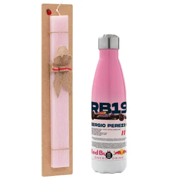 Redbull Sergio Perezi, Easter Set, Metallic pink/white (Stainless steel) thermos, double-walled, 500ml & aromatic flat Easter candle (30cm) (PINK)
