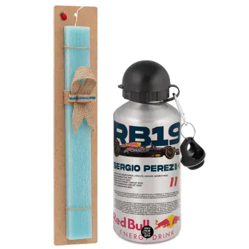 Redbull Sergio Perezi, Easter Set, metallic silver aluminum water bottle (500ml) & scented flat Easter candle (30cm) (TURQUOISE)