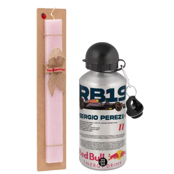 Redbull Sergio Perezi, Πασχαλινή Λαμπάδα με παγούρι μεταλλικό Ασημένιο αλουμινίου (500ml) & κερί αρωματικό πλακέ (30cm) (ΡΟΖ)