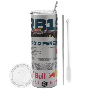 Redbull Sergio Perezi, Tumbler stainless steel Silver 600ml, with metal straw & cleaning brush