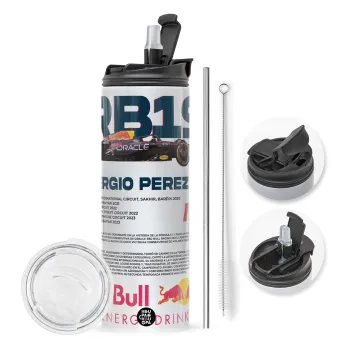 Redbull Sergio Perezi, Travel Tumbler θερμό με διπλό καπάκι, μεταλλικό καλαμάκι και βούρτσα καθαρισμού (Ανωξείδωτο 304 Food grade, BPA free, 600ml)