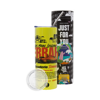 F1 Ferrari, Neon Yellow Travel Tumbler θερμό, μεταλλικό καλαμάκι(Ανωξείδωτο 304 Food grade, BPA free, 600ml)