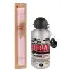 Easter Set, metallic Silver aluminum water bottle (500ml) & scented flat Easter candle (30cm) (PINK)