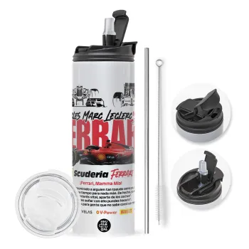 F1 Ferrari, Travel Tumbler θερμό με διπλό καπάκι, μεταλλικό καλαμάκι και βούρτσα καθαρισμού (Ανωξείδωτο 304 Food grade, BPA free, 600ml)