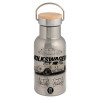 Stainless steel metallic thermos flask, silver with a bamboo lid, double-walled, 350ml.