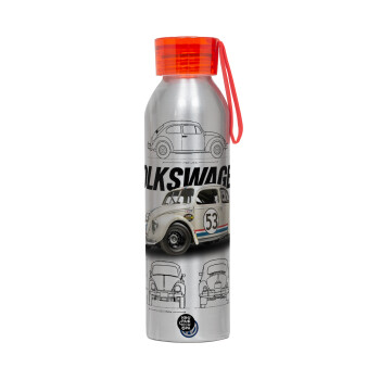 Volkswagen Beetle, Aluminum Sports Bottle 650ml – Silver with Red Cap and Silicone Strap