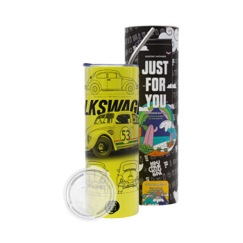 Volkswagen Beetle, Neon Yellow Travel Tumbler θερμό, μεταλλικό καλαμάκι(Ανωξείδωτο 304 Food grade, BPA free, 600ml)