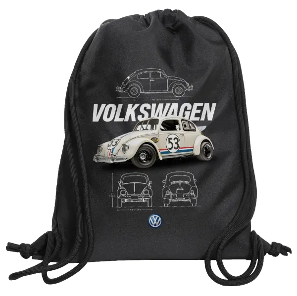 Volkswagen Beetle — Τσάντα πλάτης πουγκί GYMBAG Μαύρη, με τσέπη (40x48cm) & χονδρά κορδόνια