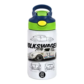 Volkswagen Beetle, Children's hot water bottle, stainless steel, with safety straw, green, blue (350ml)