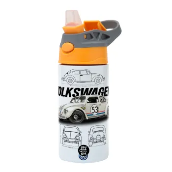 Volkswagen Beetle, Παιδικό παγούρι θερμό, ανοξείδωτο, με καλαμάκι ασφαλείας, Πορτοκαλί/Γκρι (360ml) BPA-FREE