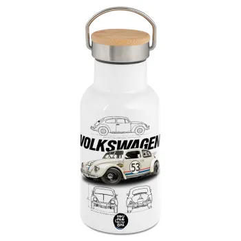 Volkswagen Beetle, Μεταλλικό παγούρι θερμός (Stainless steel) Λευκό με ξύλινο καπακι (bamboo), διπλού τοιχώματος, 350ml