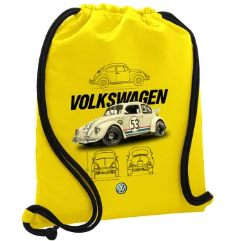 Volkswagen Beetle, Τσάντα πλάτης πουγκί GYMBAG Κίτρινη, με τσέπη (40x48cm) & χονδρά κορδόνια
