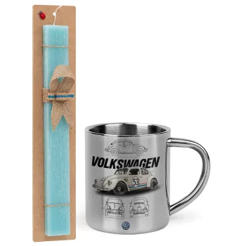 Volkswagen Beetle, Easter Set, metallic thermal cup (300ml) & aromatic flat Easter candle (30cm) (TURQUOISE)
